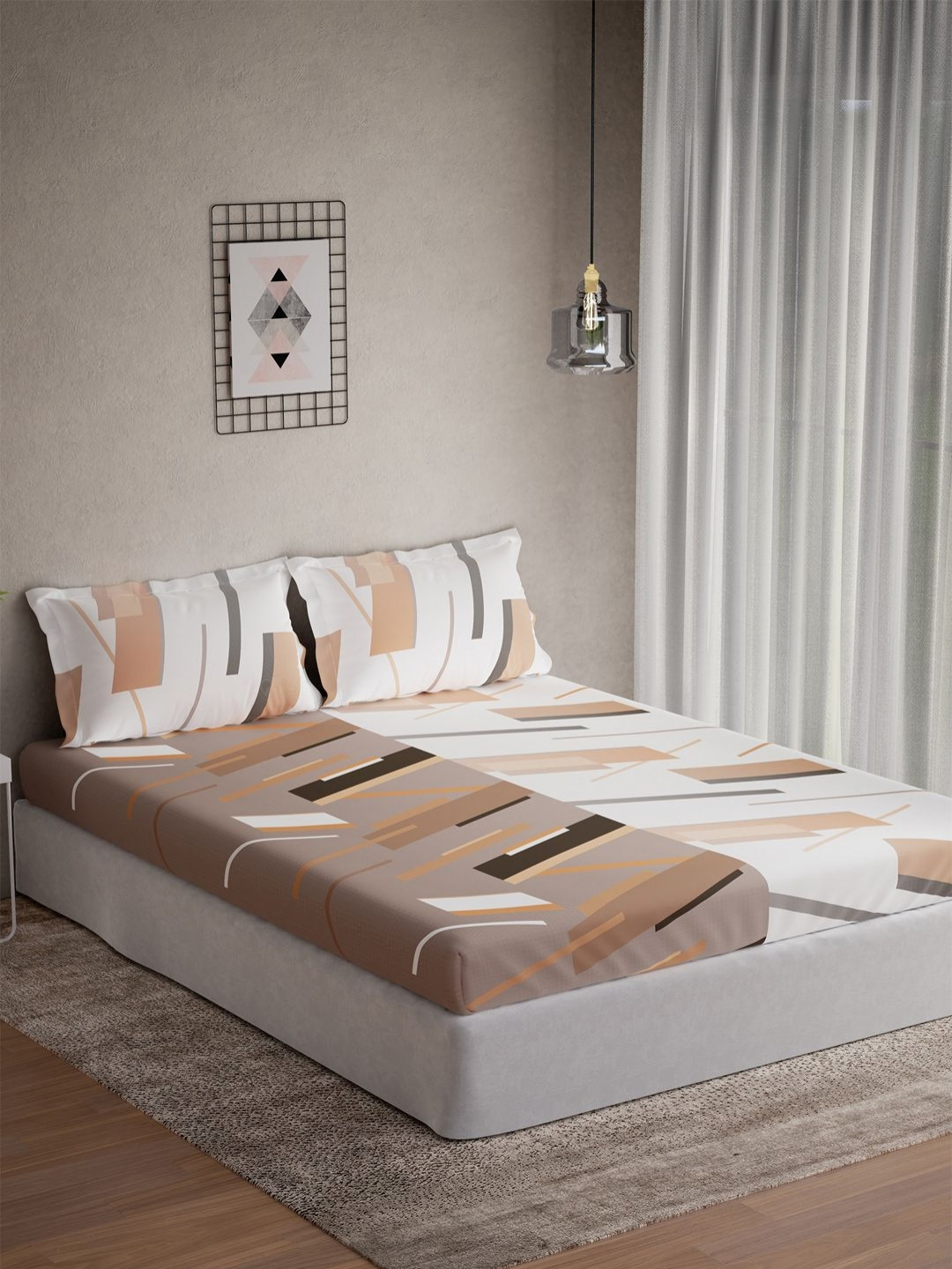DDecor Vega Collection Brown Geometric Cotton 145TC Queen Bedsheet with 2 Pillow Covers