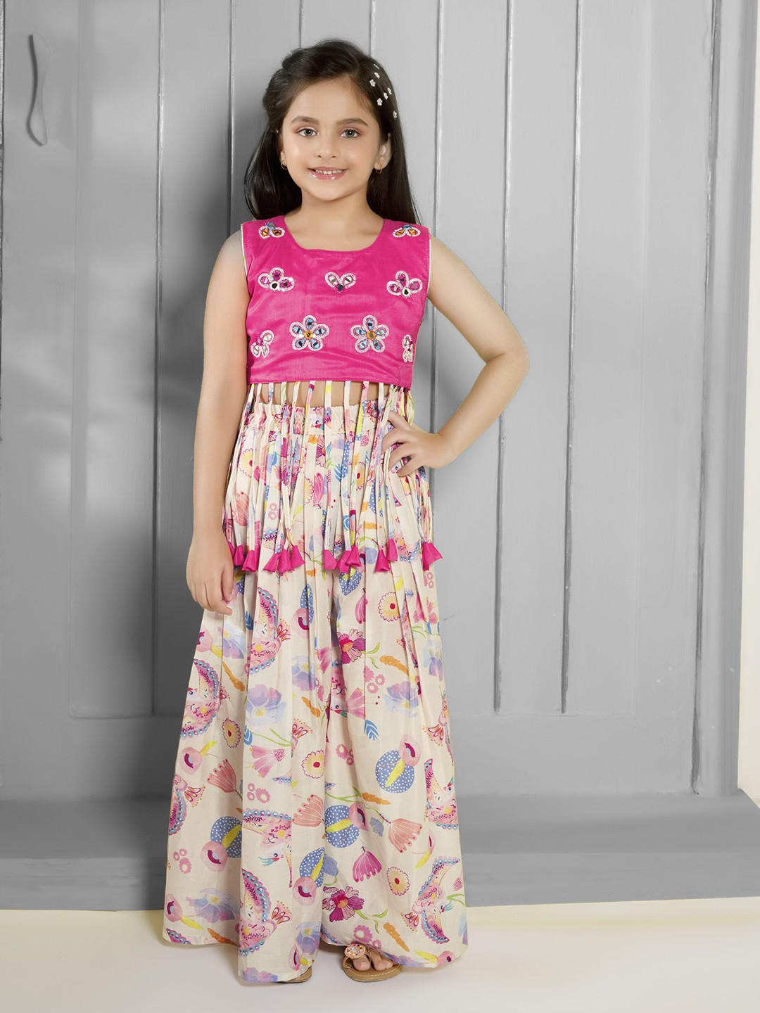 Ministitch Girls Printed Sleeveless Muslin Cotton Top & Palazzo Set with Embellishment