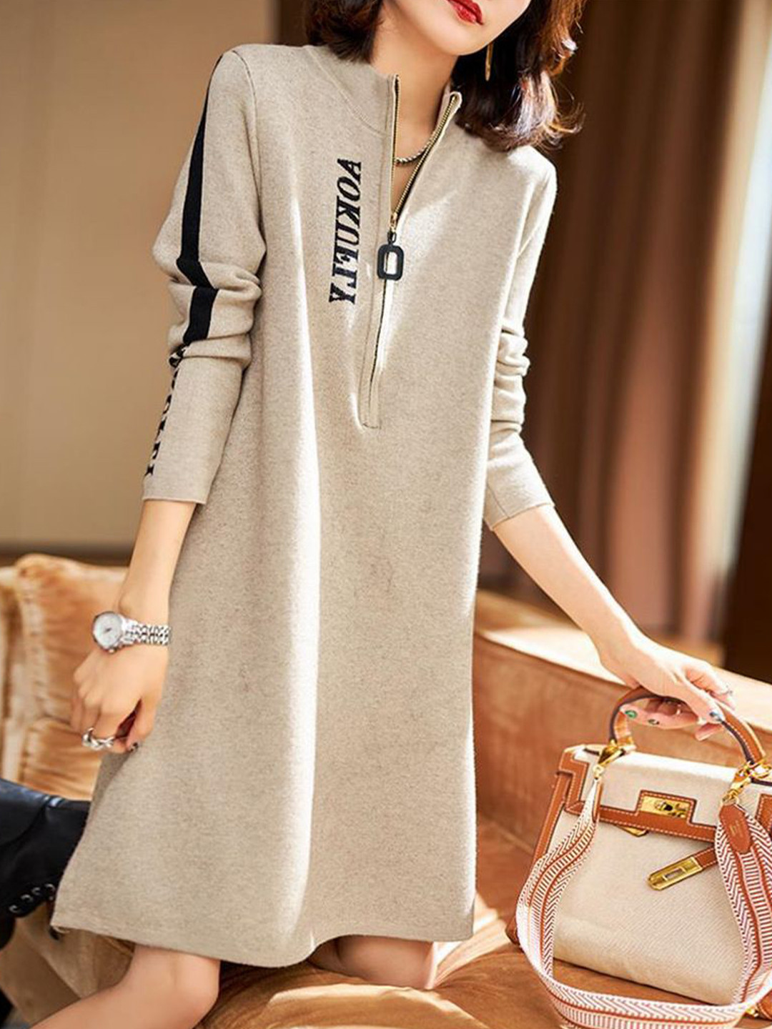 StyleCast Women Typography Printed Mock Neck Half Zip A-Line Dress