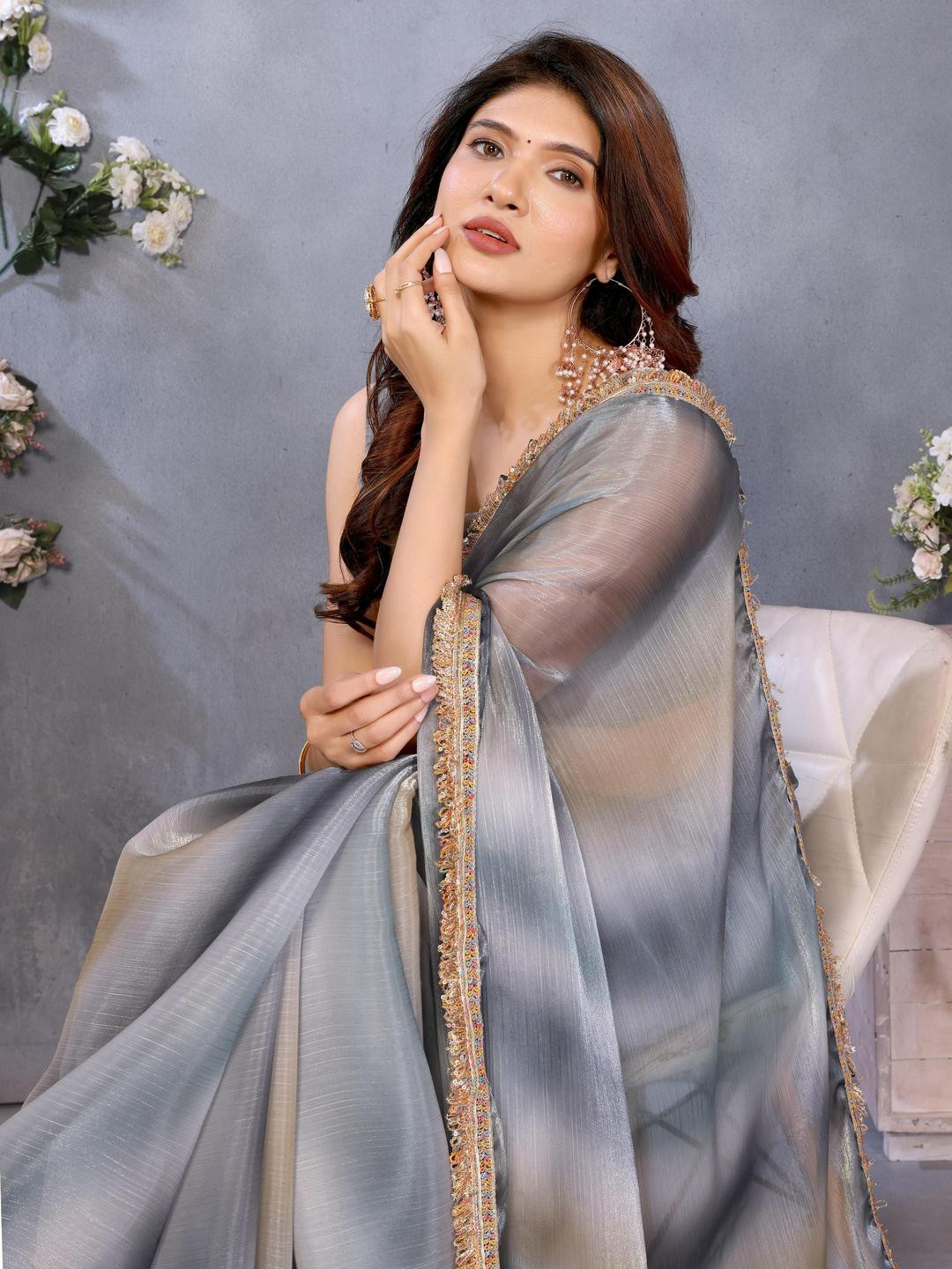 ALAGINI Sequined Lace Border Satin Saree With Blouse Piece