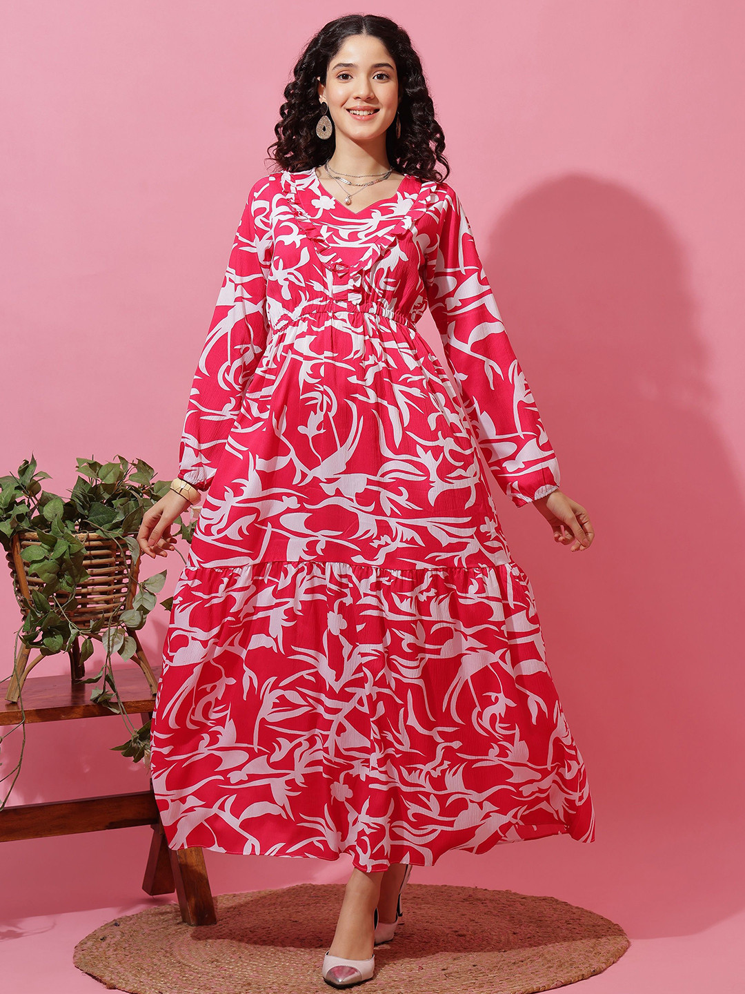 De La Moda Women Floral Printed Shirt Collar Ruffles Tiered  Fit & Flare Midi Dress