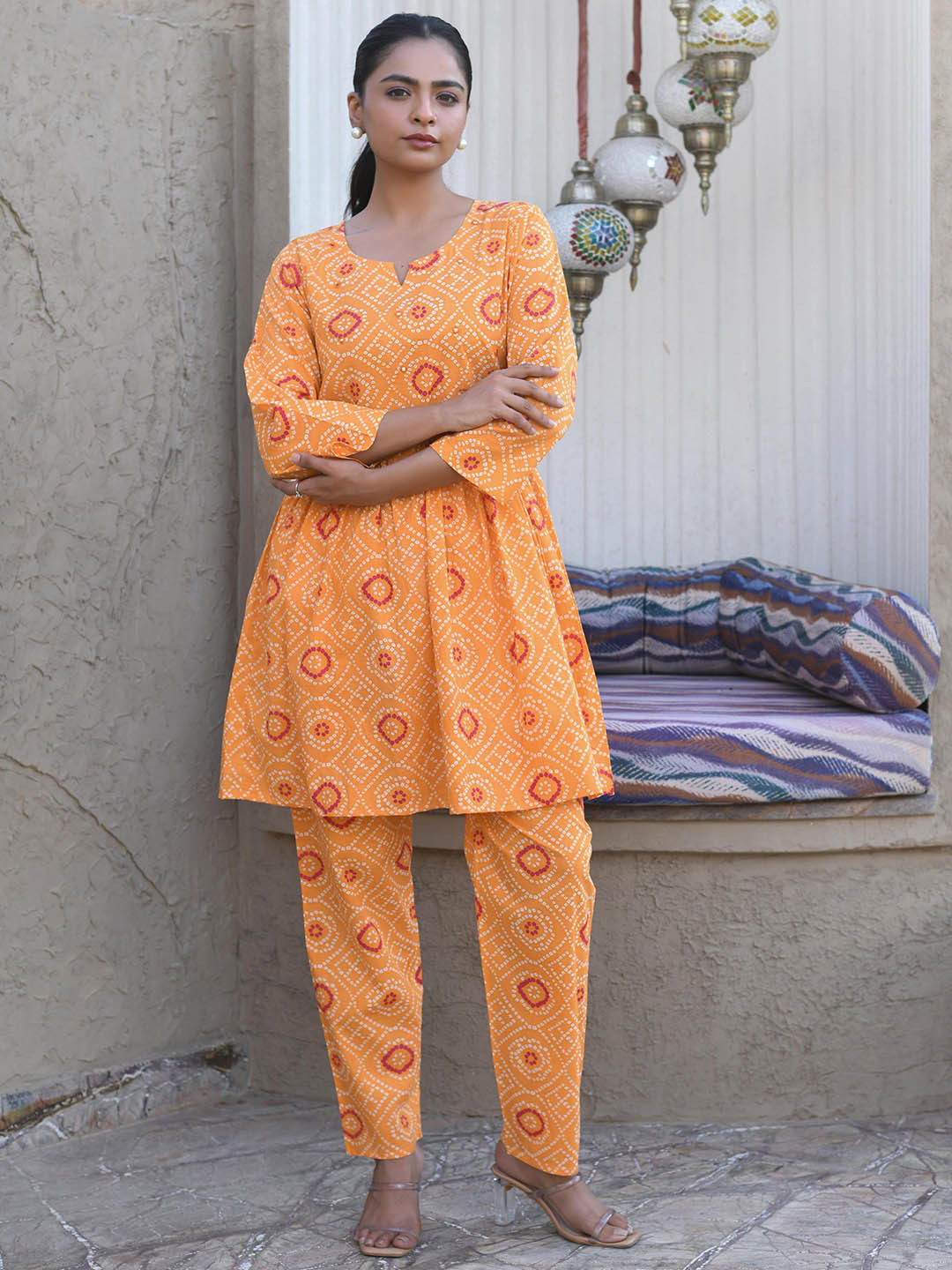 Rangeelo Printed Pure Cotton V-Neck Three Forth Sleeve Tunic With Trouser Co-Ords