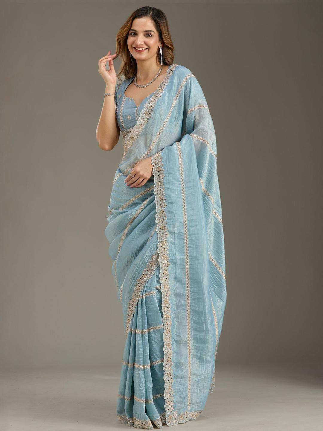 Koskii Embellished Embroidered Cutwork Tissue Saree