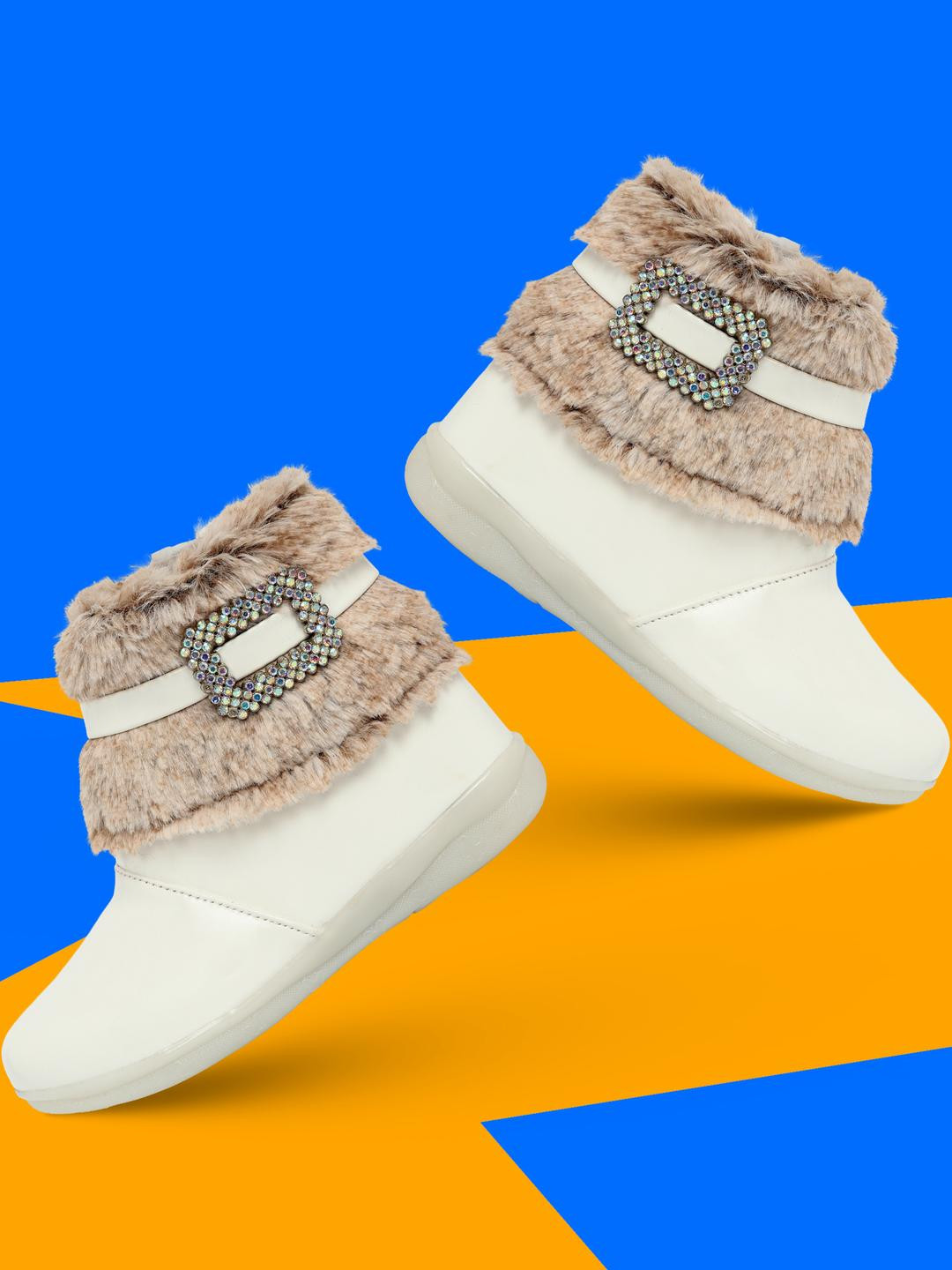 SparkleGlow Girls Boots with Fur & Buckle Charm