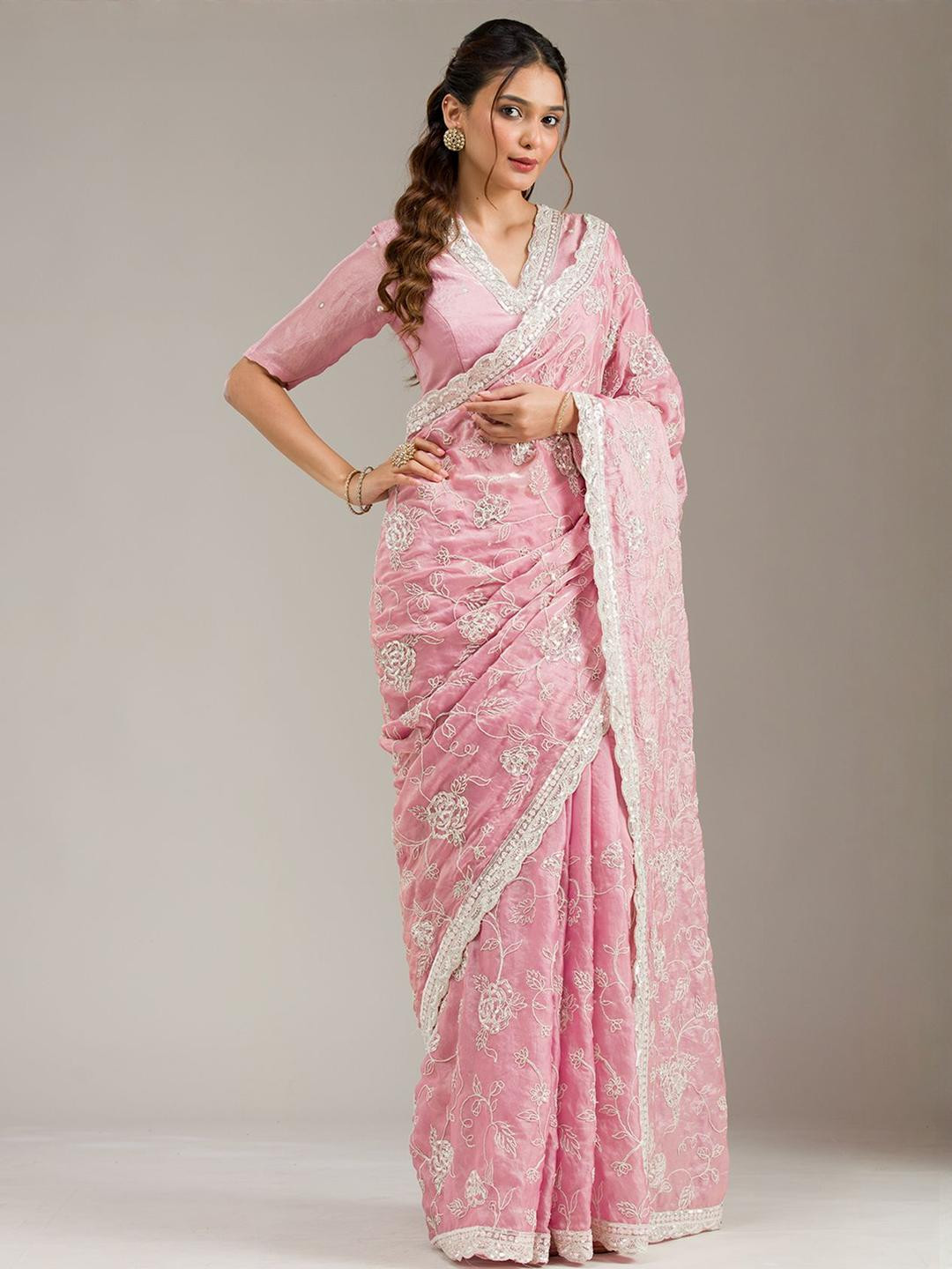 Koskii Ethnic Motifs Embroidered Stonework Tissue Saree with Blouse Piece