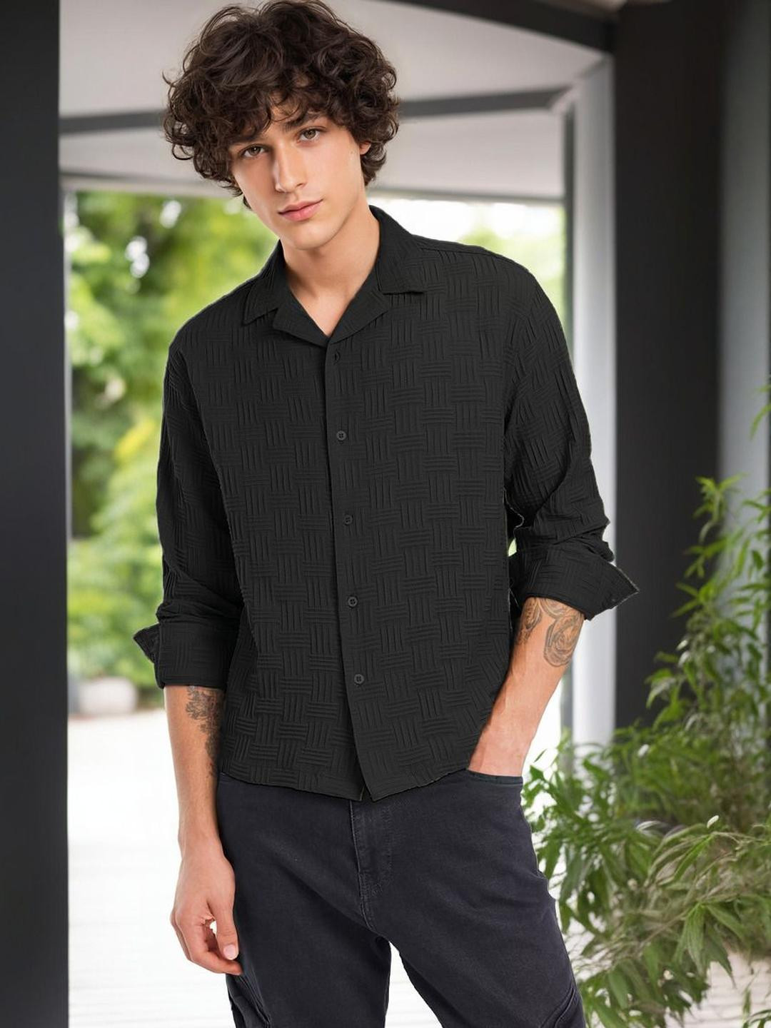 Black Regular Fit Textured Semi Sheer Spread Collar Shirt