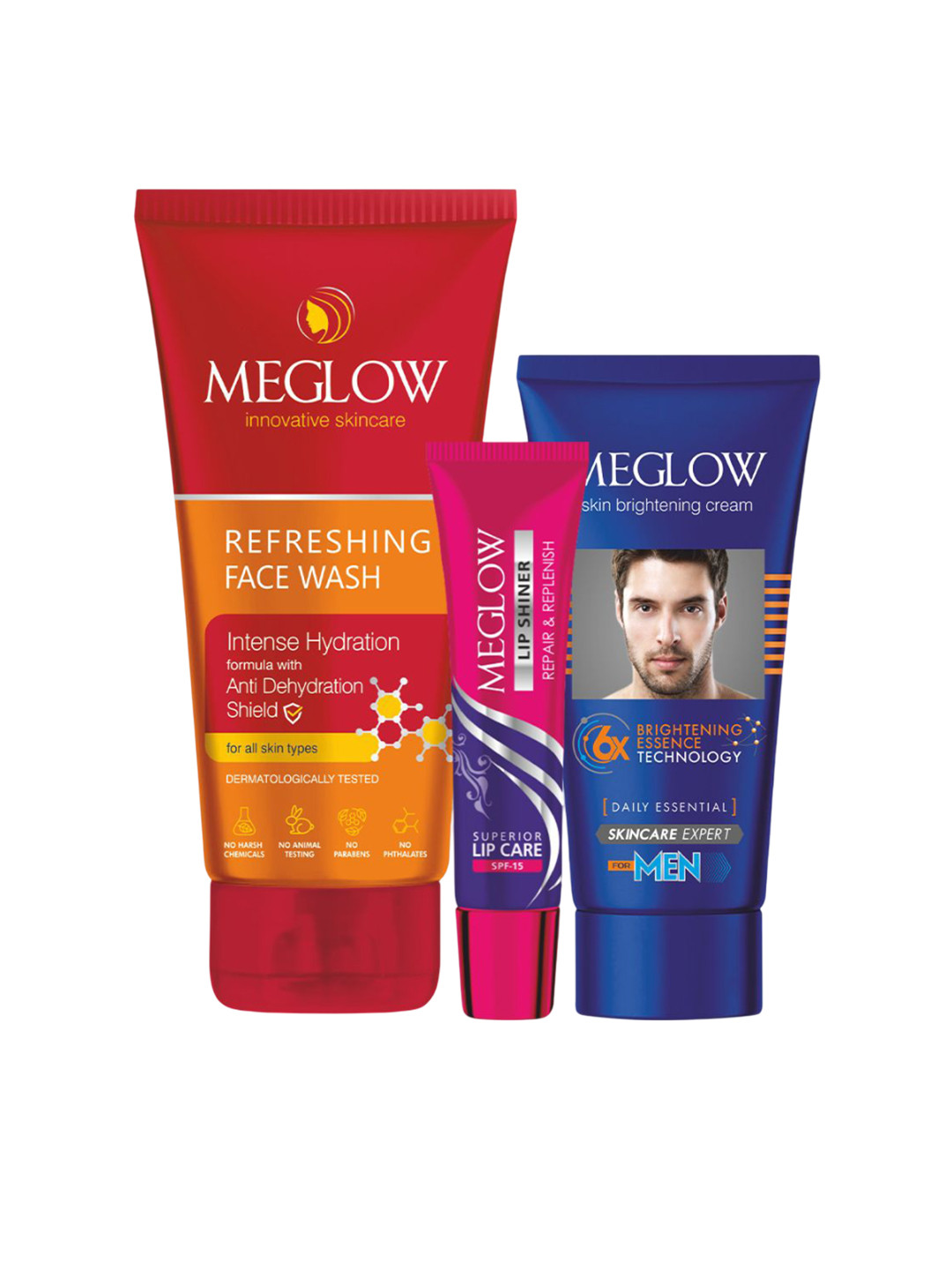 MEGLOW Men Set of 3 Refreshing Face Wash + Lip Shiner & Skin Brightening Cream