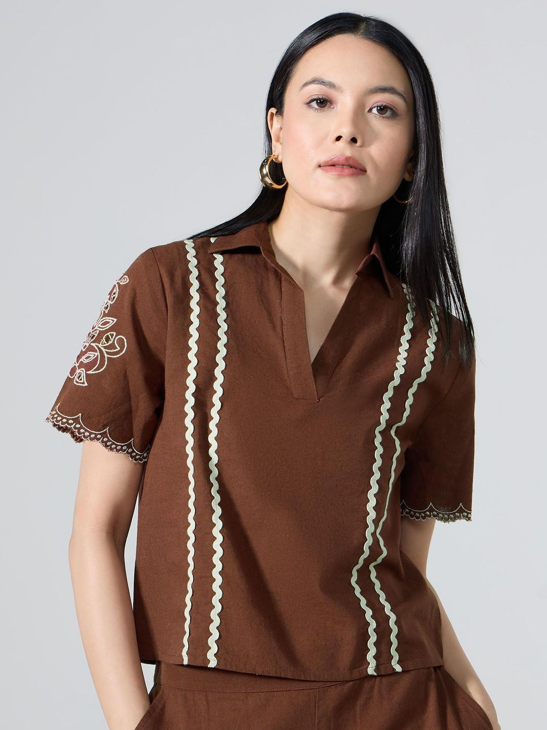 20Dresses Monochrome Women Embroidered Shirt Collar Ric Rac Laced Top