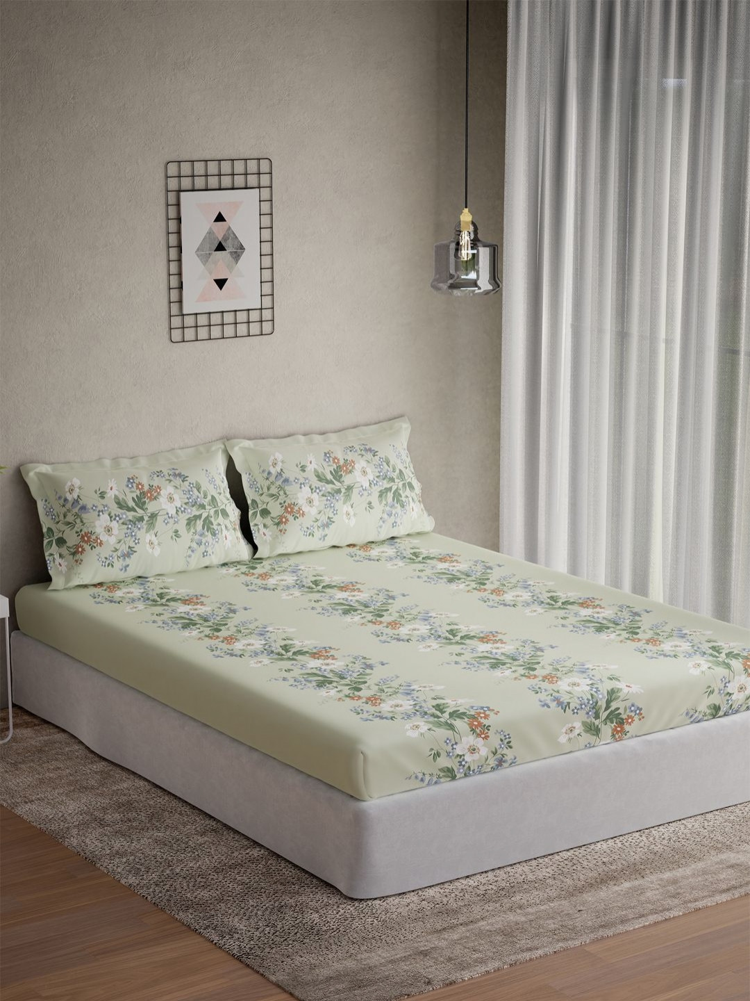DDecor Vega Green Floral Cotton 144 TC Double Queen Bedsheet Set-2.24 m X 2.54 m