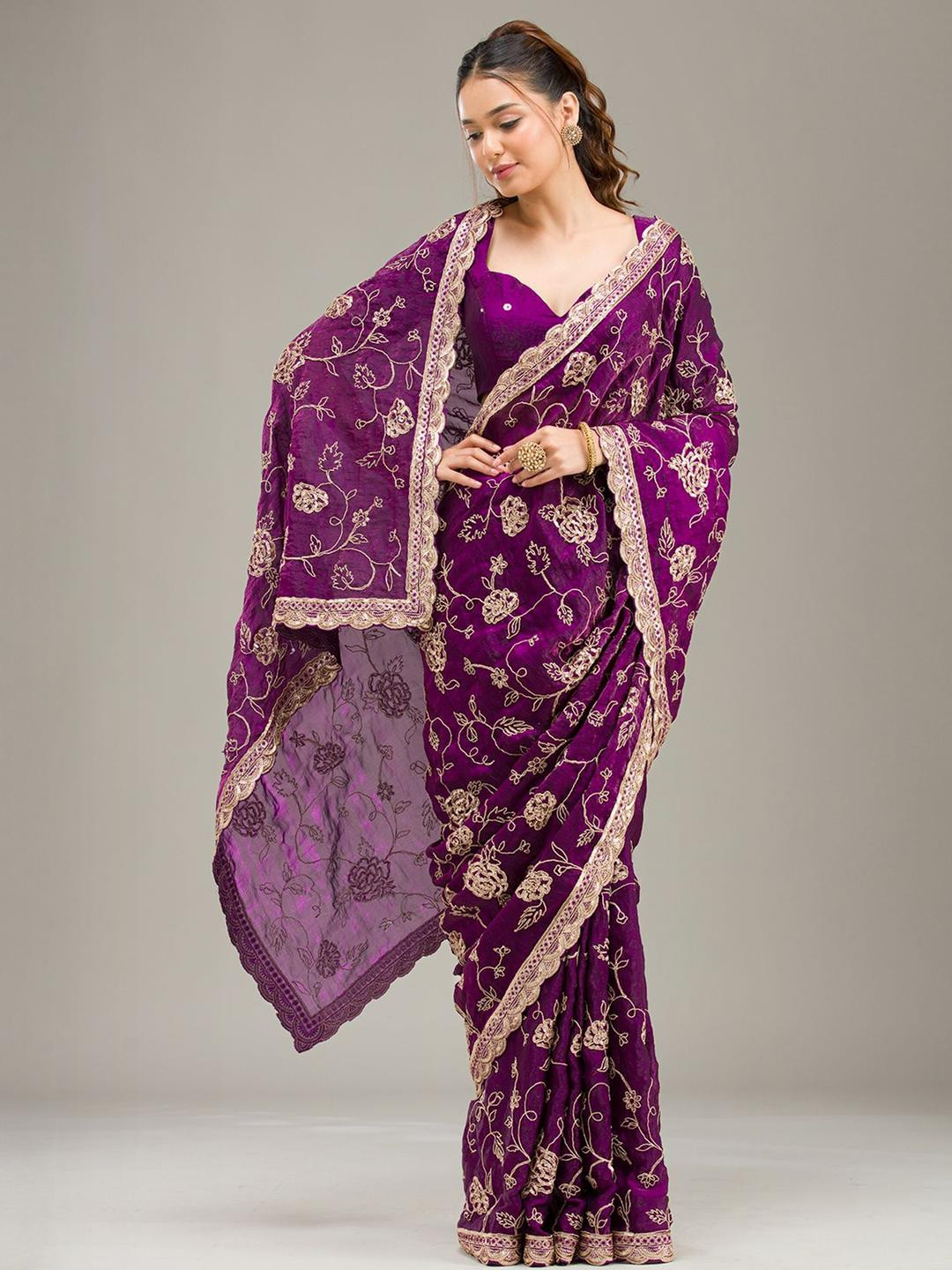 Koskii Floral Embroidered Sequinned Kashmiri Georgette Saree