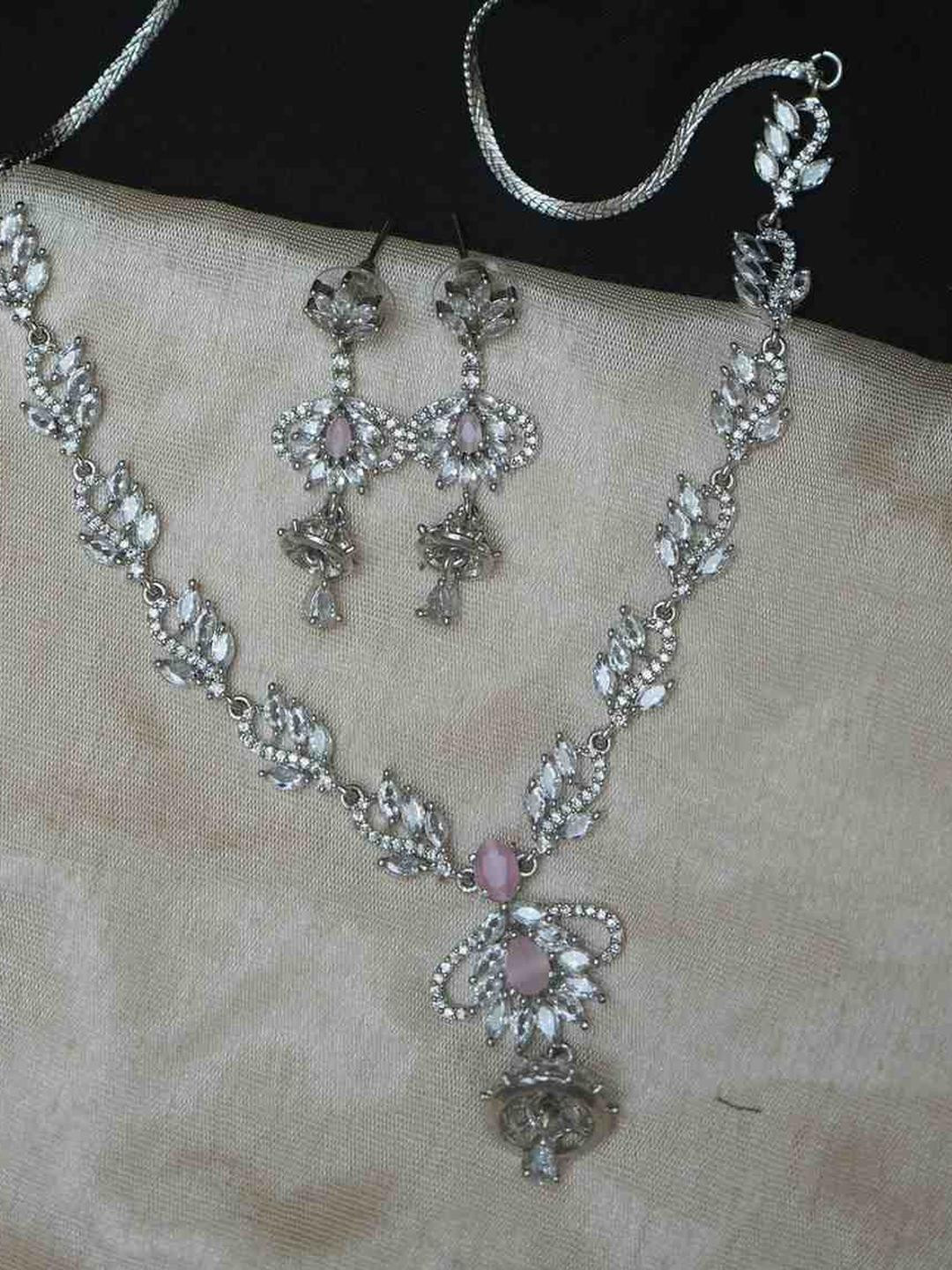 ANSHI ART Pink Silver-Plated American Diamond Brass Necklace