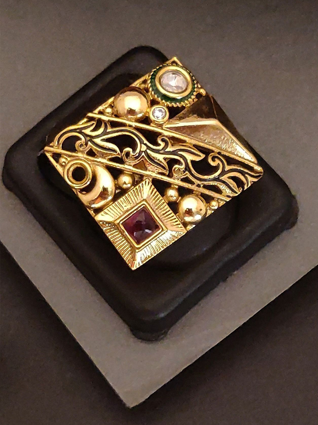 ABDESIGNS Gold Plated Polka Stone Studded Elegant Finger Ring