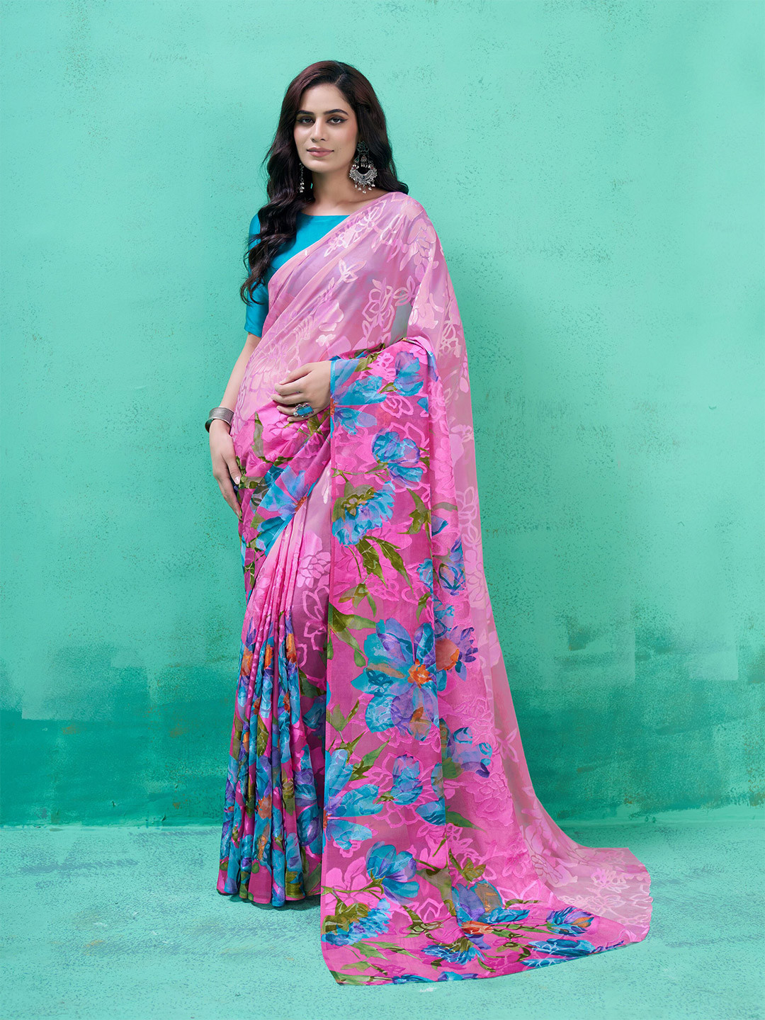 Garden Vareli Floral Printed Georgette Brasso Saree with Satin Blouse Piece