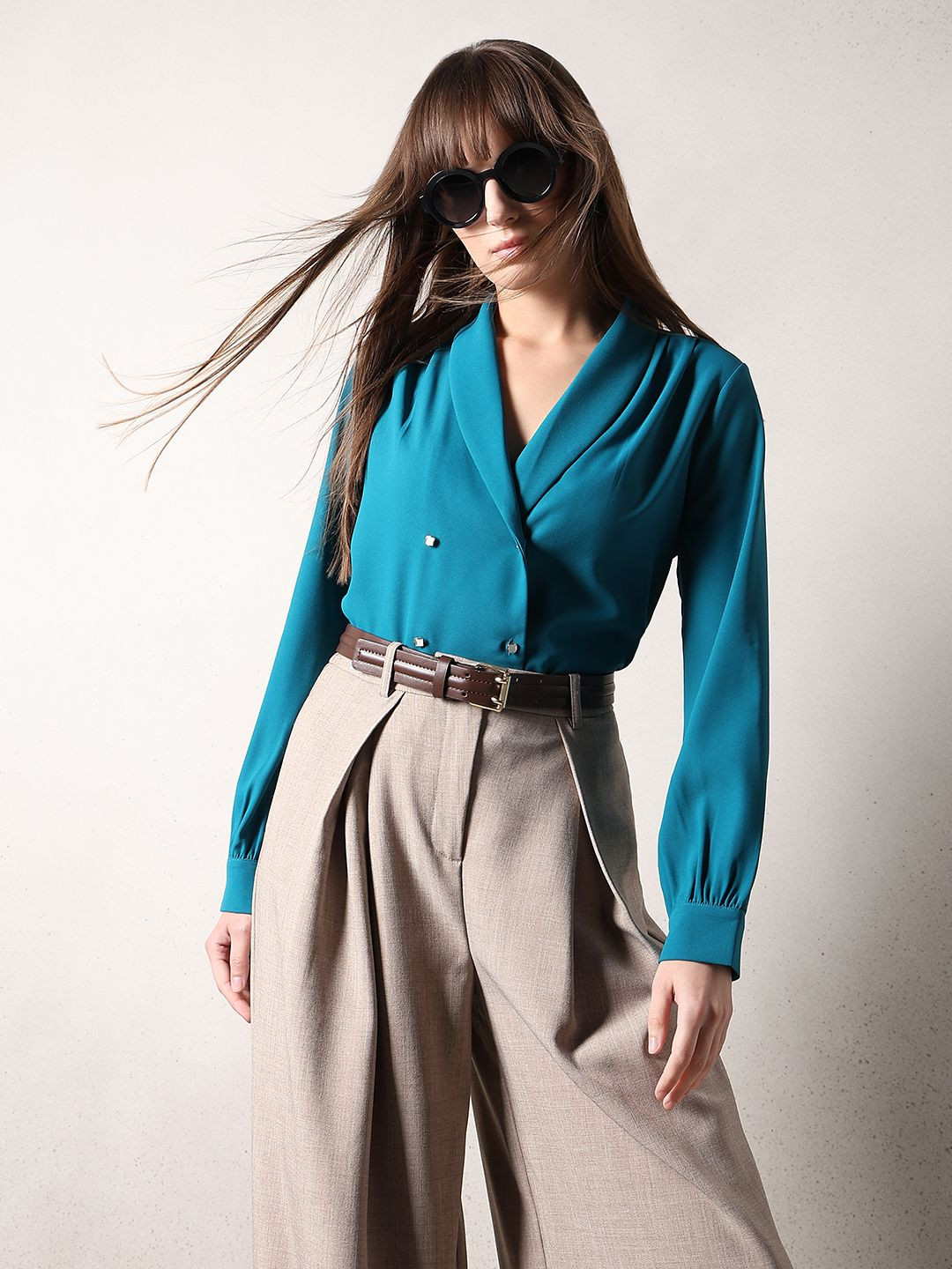 Vero Moda Lagoon Women Lapel Collar Cuffed Sleeves Shirt Style Top