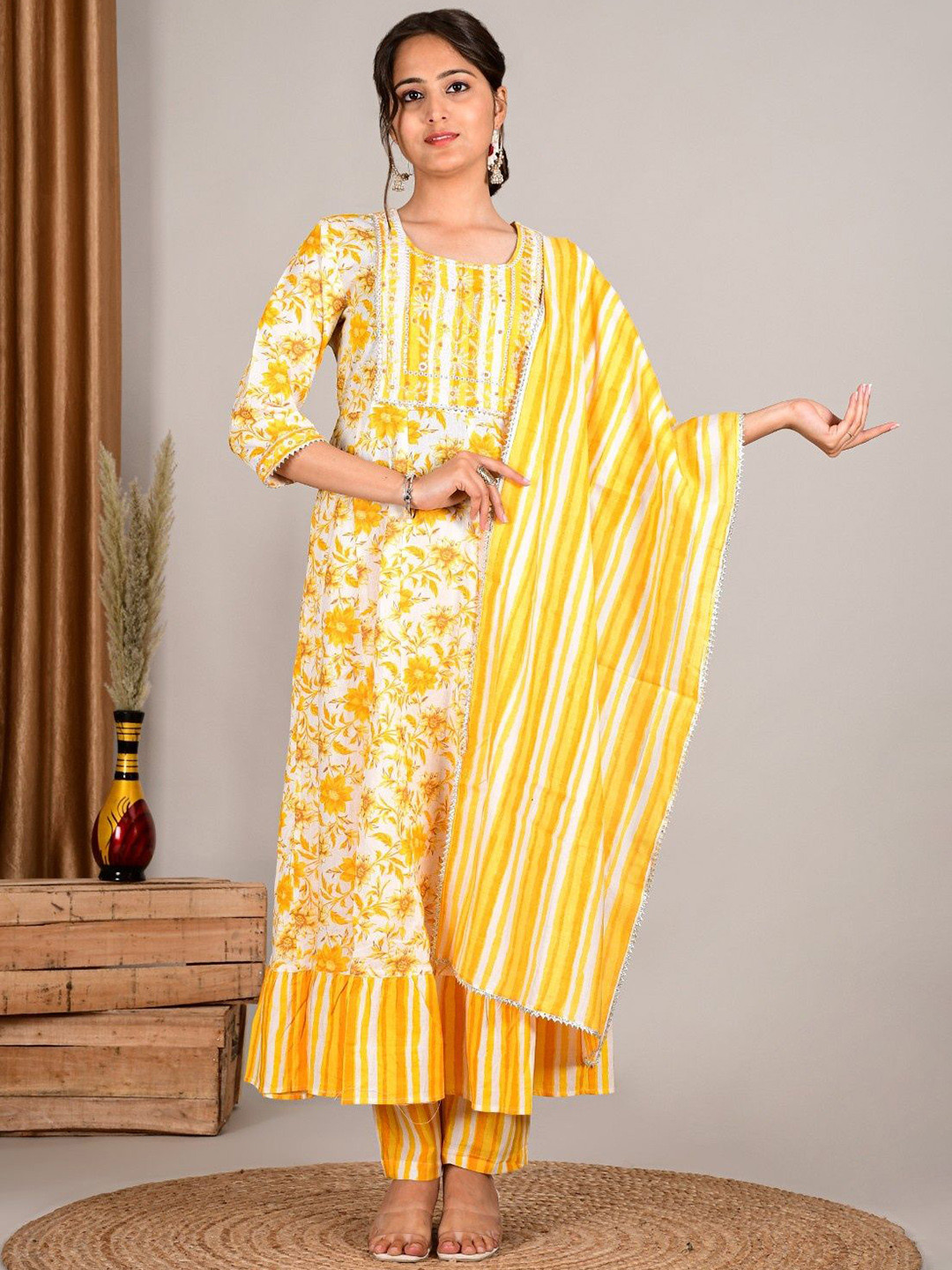 Toflei Women Floral Printed Pure Cotton Kurta with Trouser & Dupatta