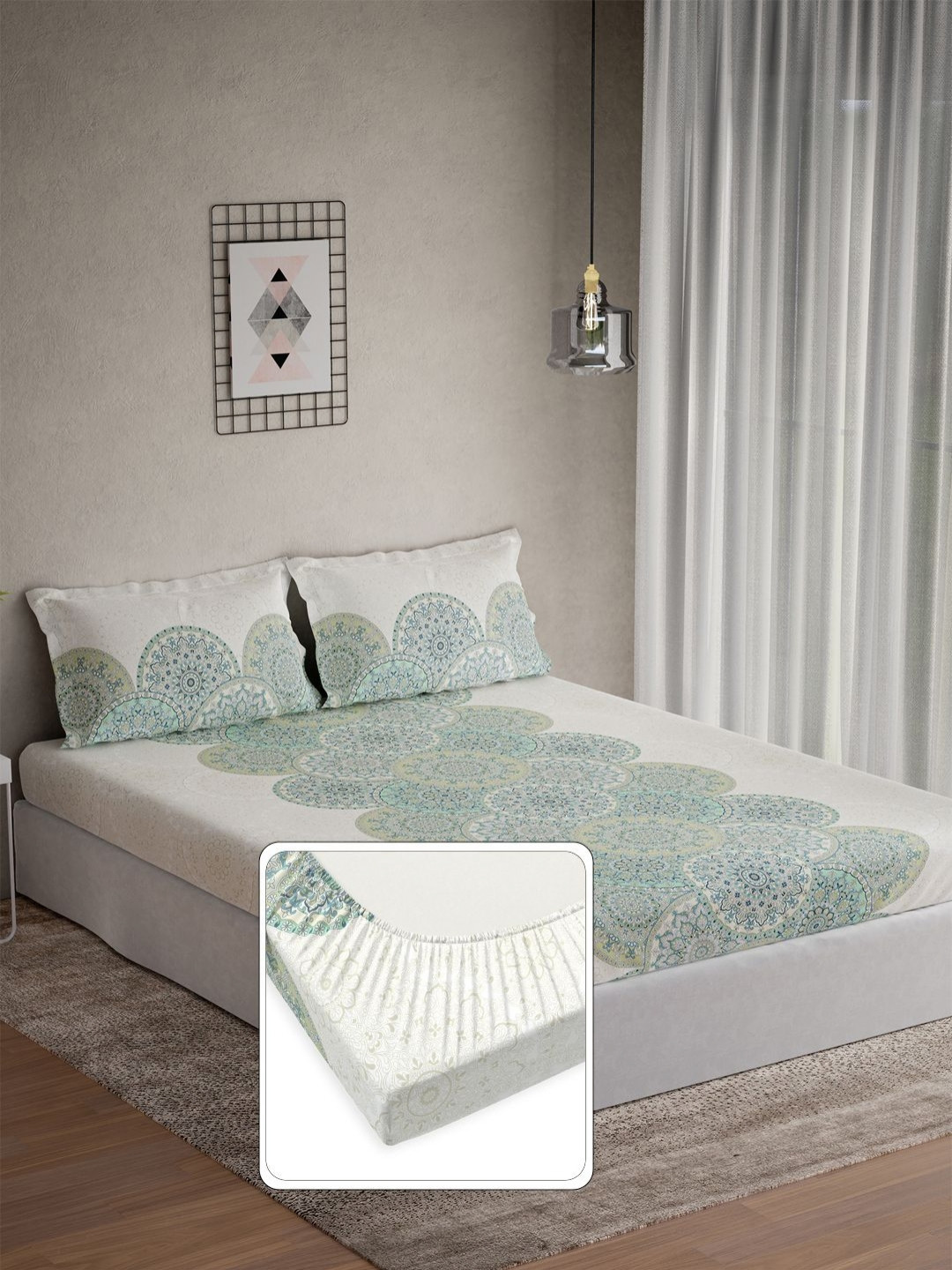 DDecor Omega Green Ethnic Cotton 144 TC Fitted Double King Bedsheet Set-1.82 m X 1.98 m