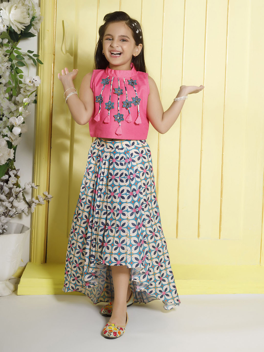 Ministitch Girls Embellishment Printed Muslin Cotton Sleeveless Top & Skirt Set