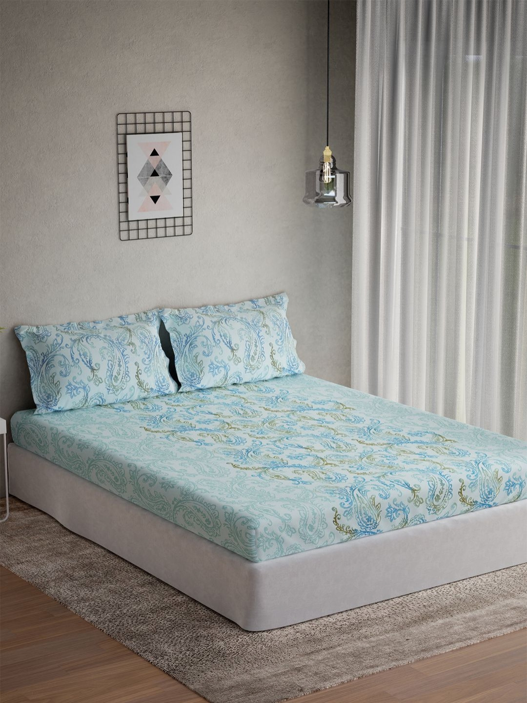 DDecor Vega Collection Blue Ethnic Cotton 145TC Queen Bedsheet with 2 Pillow Covers