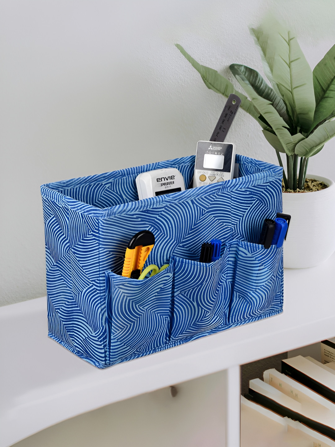 Aura Blue Striped Stationary Box Reusable Living Room Desk Organiser