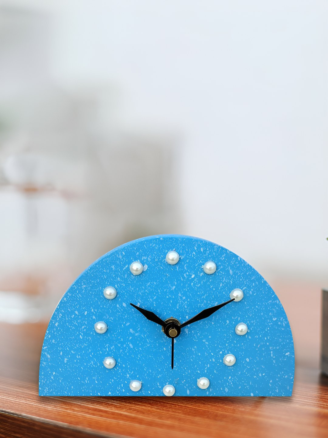 OLIVE TREE Blue Geometric Abstract Printed Geometric Wooden Analogue Table Clock