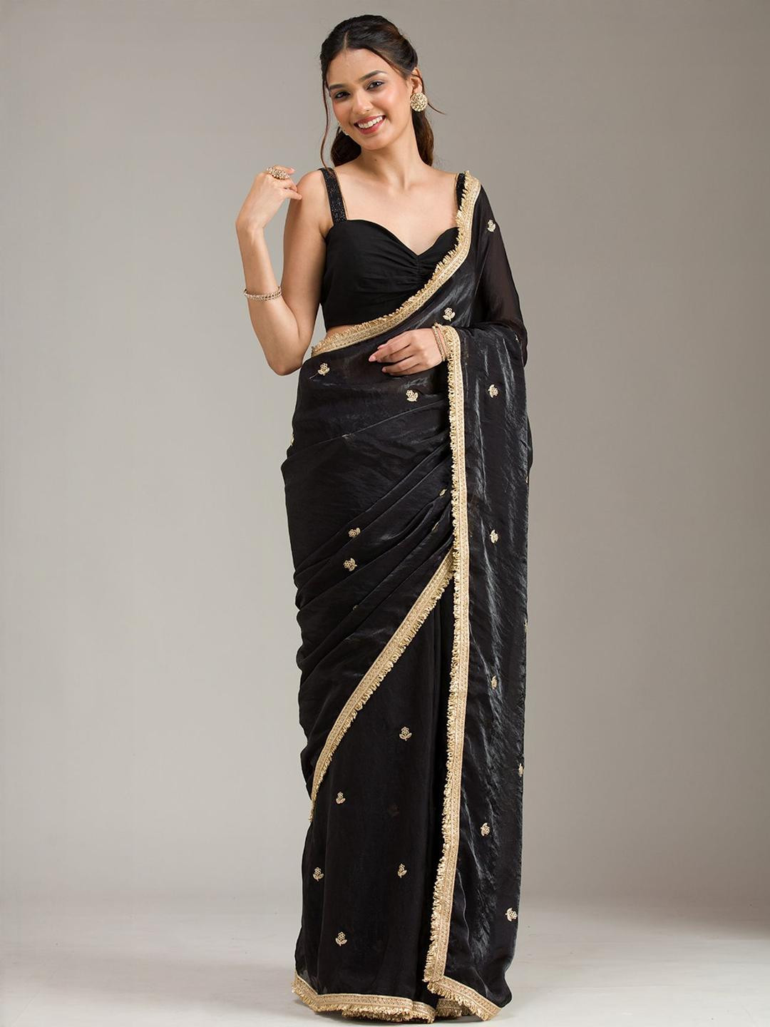 Koskii Women Zariwork Black Tissue Saree With Unstitched Blouse