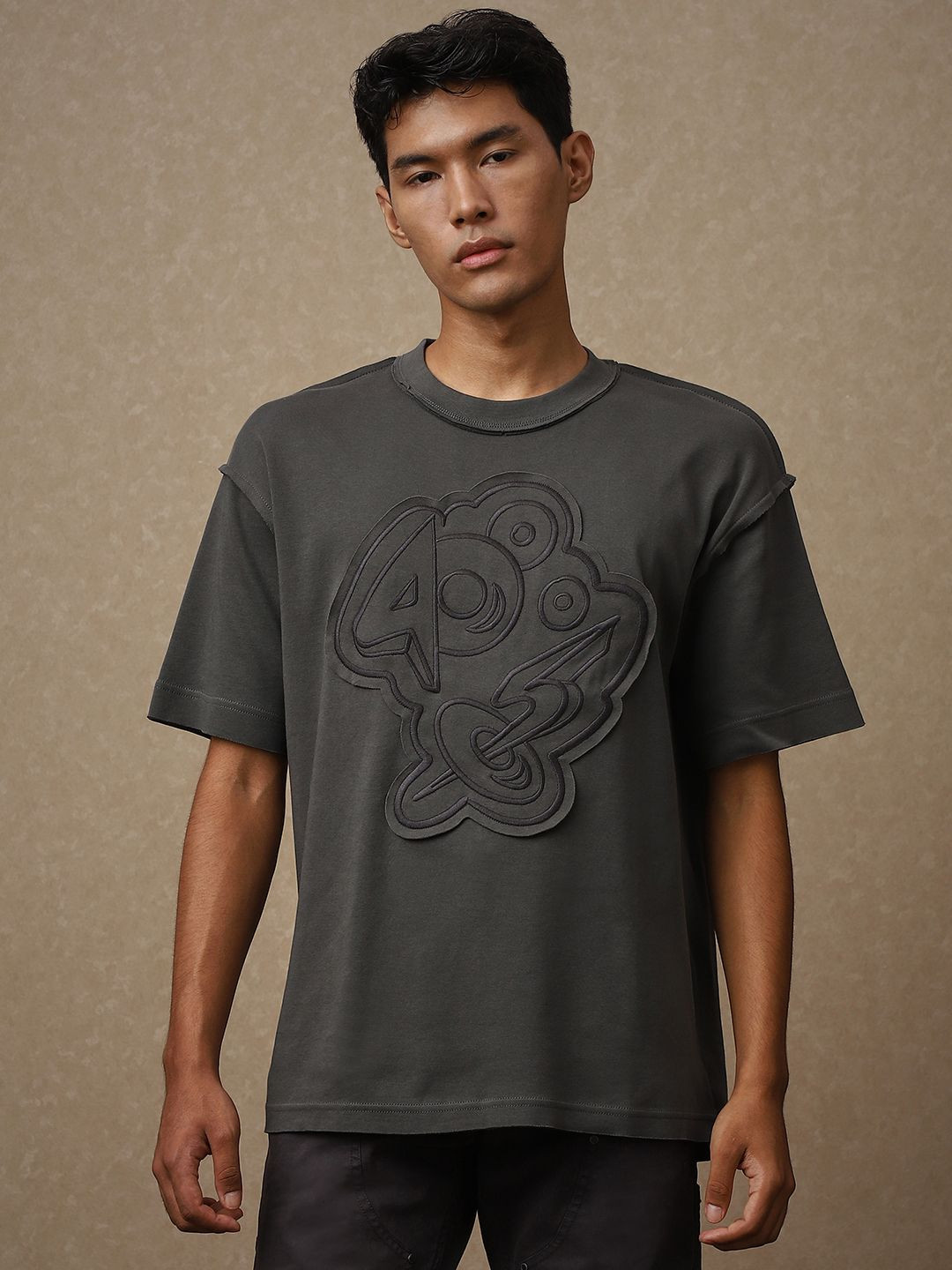 4 TRIPLE O FIVE O BY MUFTI Graphic Self Design Cotton Oversized T-shirt