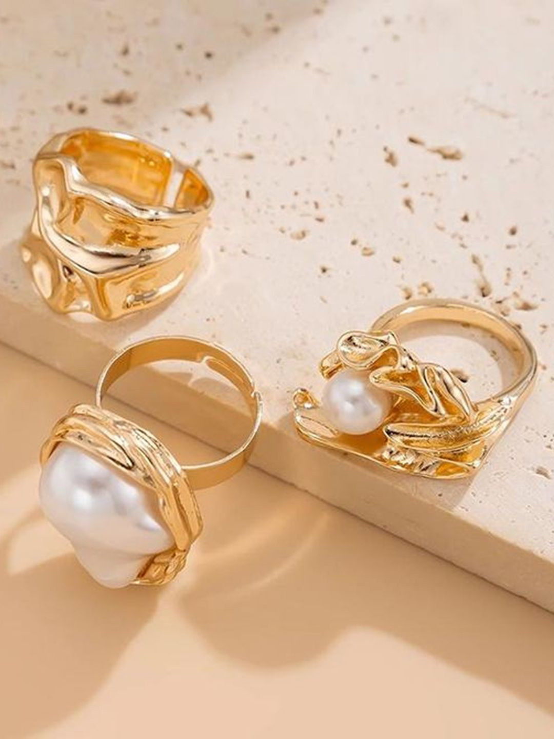 OOMPH Set Of 3 Pearl Studded Finger Ring