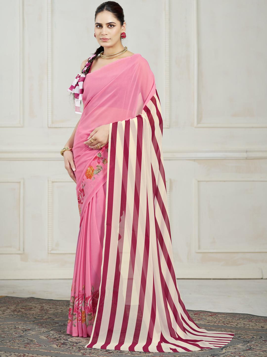 Garden Vareli Striped Printed Border Pure Georgette Saree with Blouse Piece