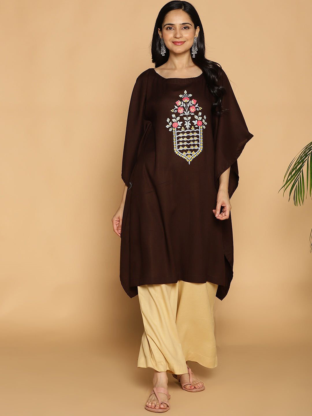 LetsDressUp Pretty Please Women Coffee Floral Printed Kaftan Kurta - XS