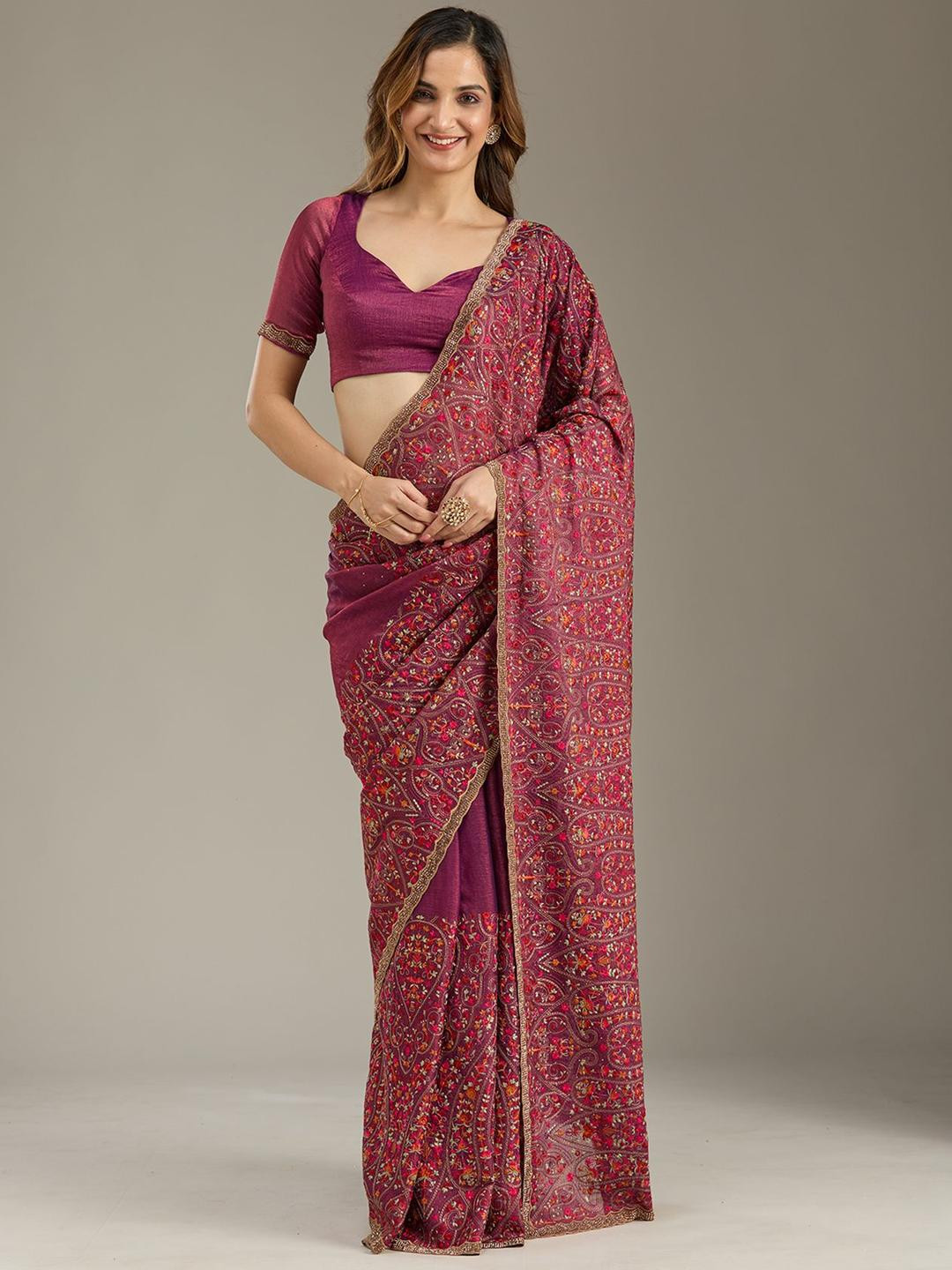 Koskii Wine Kashmiri Floral Embroidered Saree