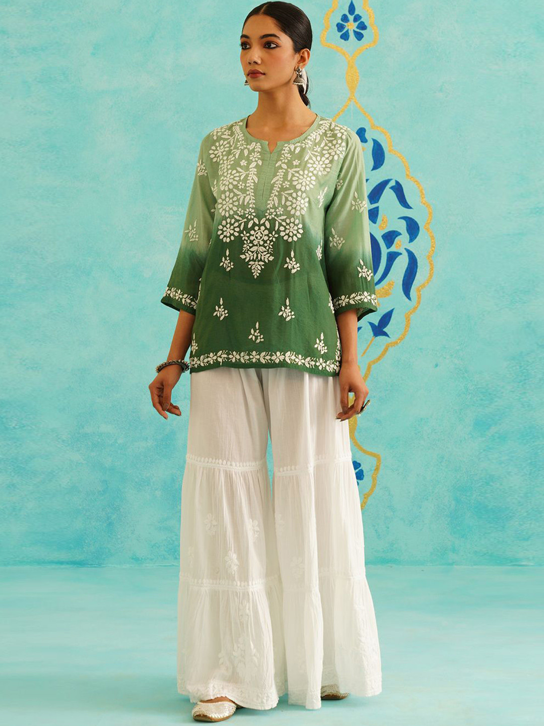 Saaya the label Floral Embroidered Round Neck Chikankari Chanderi Cotton Straight Kurti