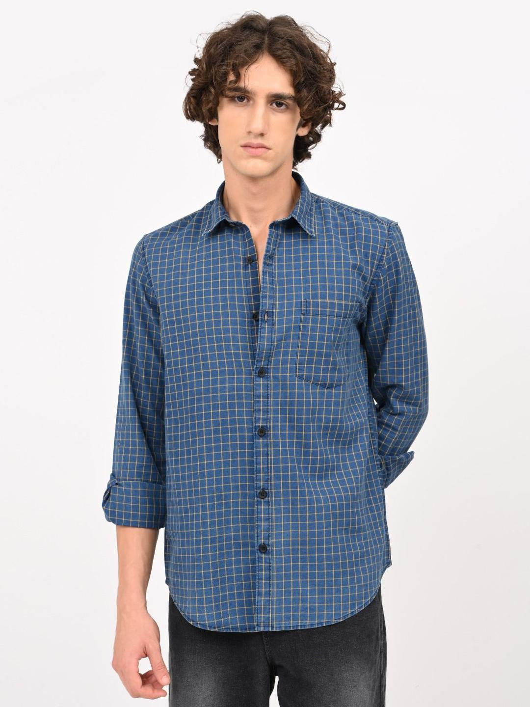 Blu MNKY Men Classic Fit Grid Tattersall Checked Spread Collar Cotton Casual Shirt