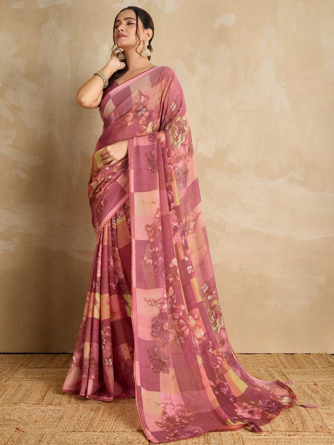 HERE&NOW Floral Printed Saree with Tassels on Pallu & Blouse Piece