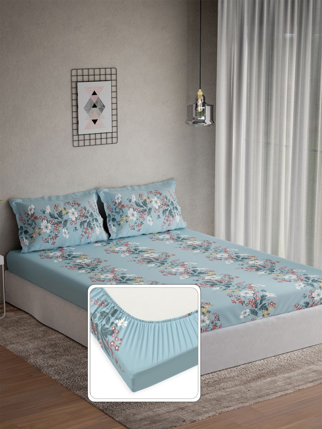 DDecor Omega Blue & Grey Printed Cotton 144 TC King Bedsheet Set 1.82 m x 1.98 m