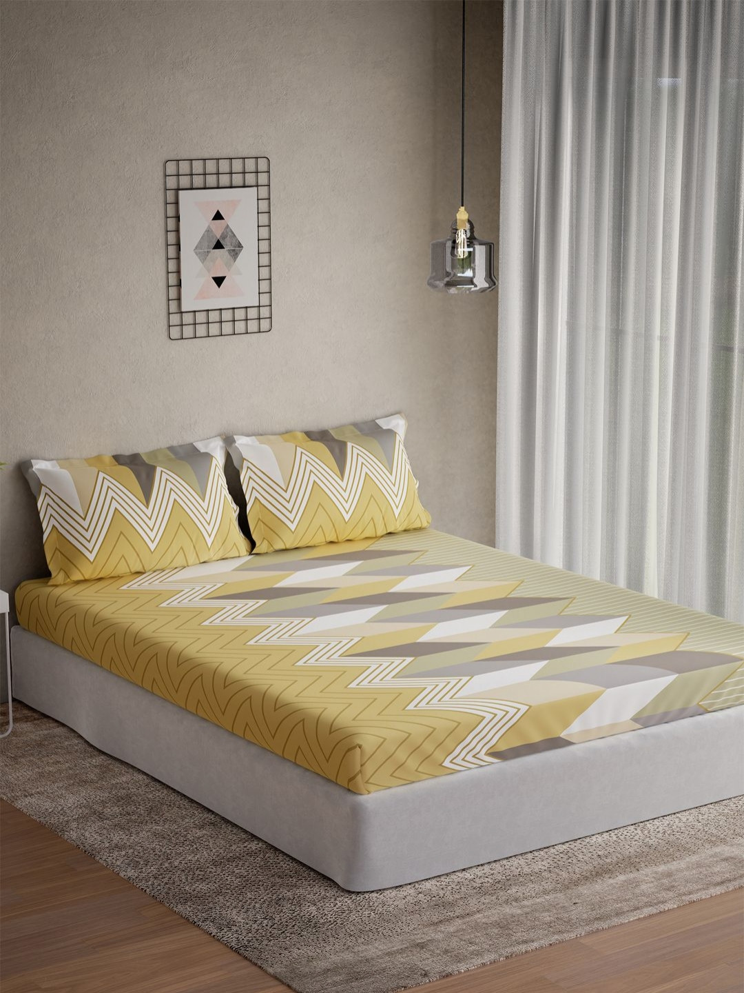 DDecor Vega Yellow Geometric Cotton 144 TC Double Queen Bedsheet Set-2.24 m X 2.54 m