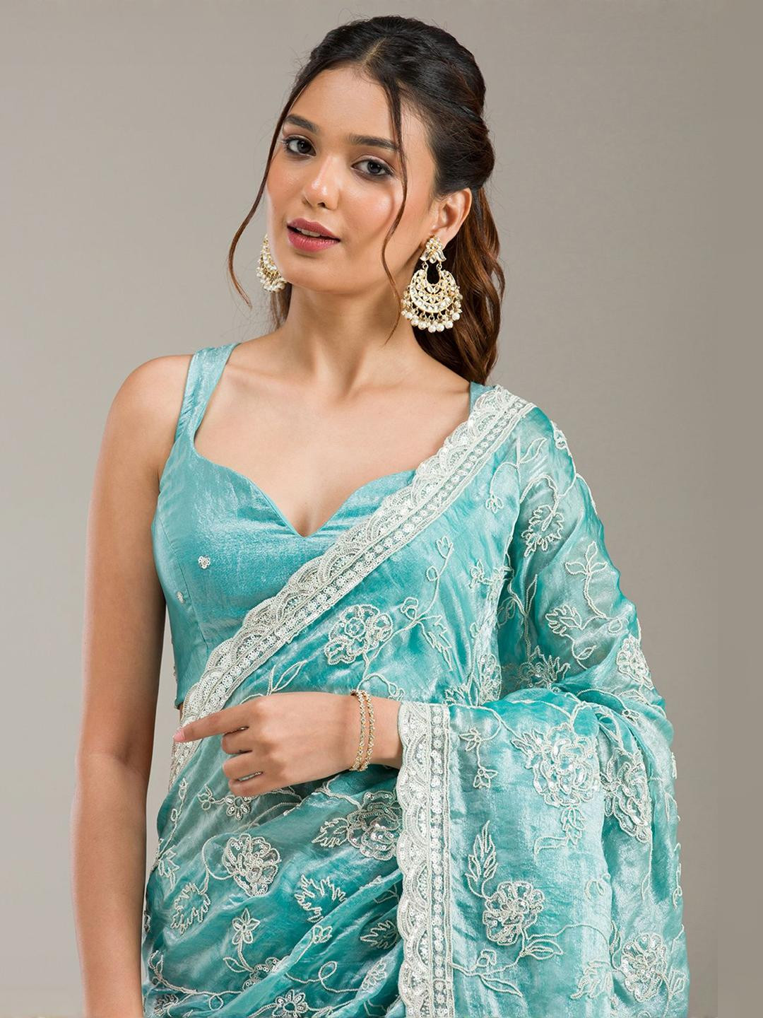 Koskii Sea Green Kashmiri Soft Raw Silk Saree
