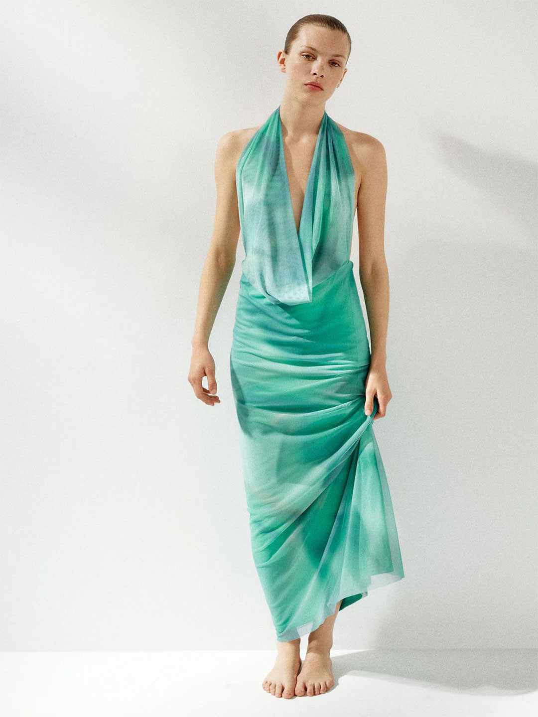 LULU & SKY Women Tie and Dye Pleated Backless Halter Neck Maxi Dress