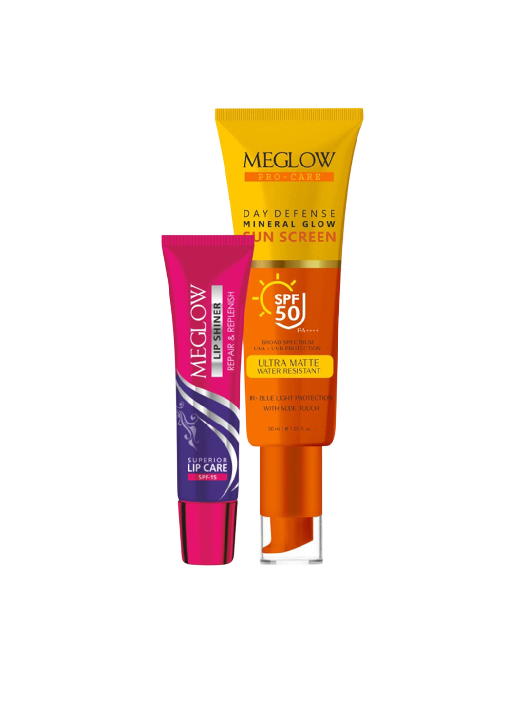 MEGLOW Set Of 2 Lip Shiner- 15 g & Day Defence Sunscreen- 30 ml