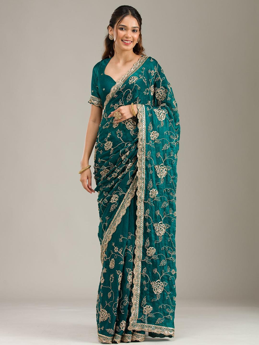 Koskii Rama Green Cording Chinon Saree