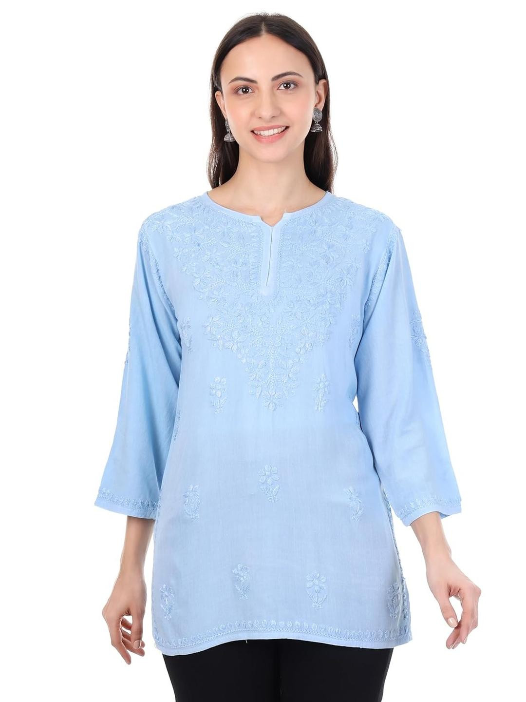 Dyed Short Rayon Lucknowi Chikankari Kurti for Women - Soft & Breathable