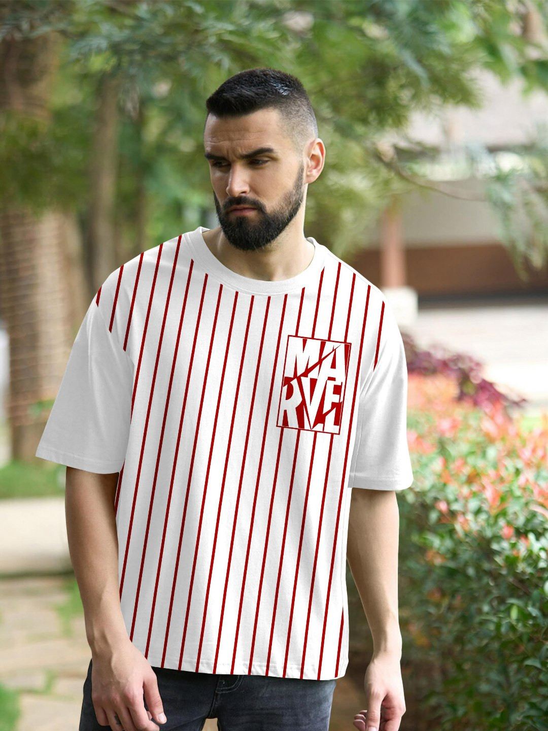 Metronaut Men Marvel Striped Round Neck Cotton Oversized T-shirt