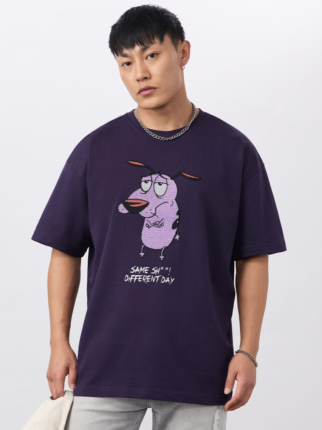 The Souled Store Courage Embroidered Drop-Shoulder Sleeves Oversized Cotton T-shirt