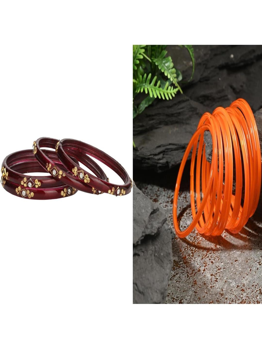 Somil Elegant Combo Glass Bangle Set | Handmade Traditional Chudi For Women | Perfect For Daily & Occasion Use, Combo Of 2 Set, Maroon, Orange