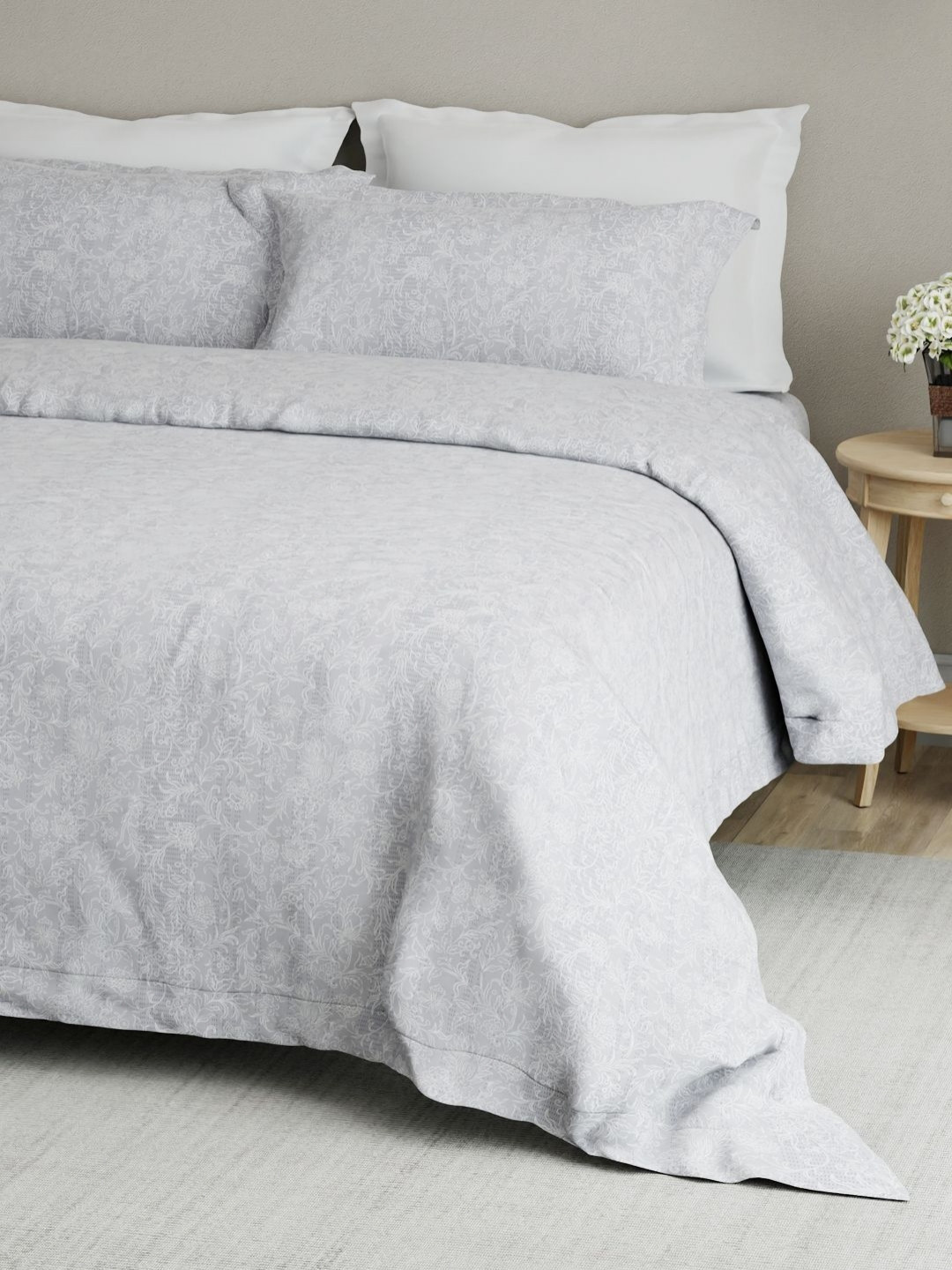 Boutique Living India Cottage Garden Grey Pure Cotton King Bedsheet Set 2.74m x 2.74m