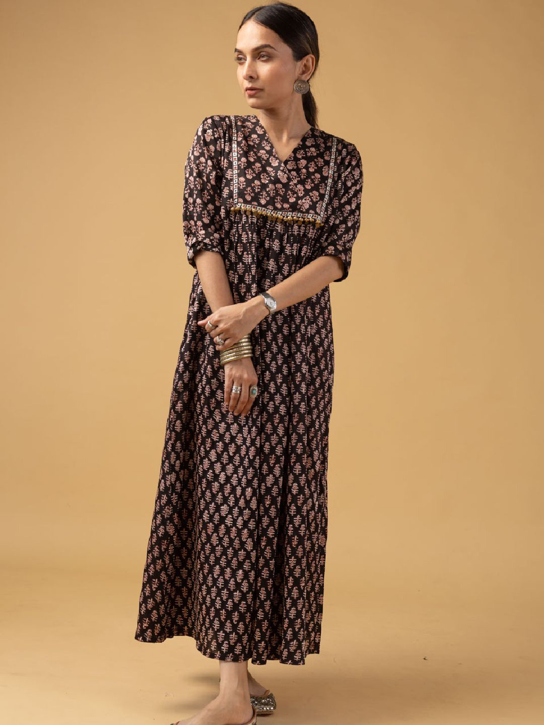 KUSVAA Women Reema Ethnic Motifs Handblock Printed Satin A-Line Modal Dress