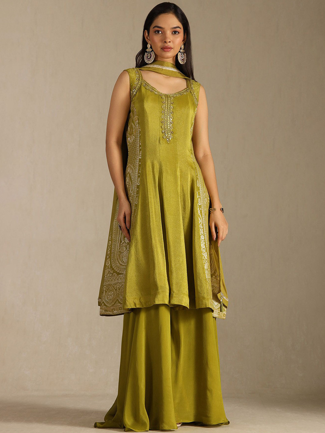 Soch Floral Woven Design Mirror Work With Zari A-Line Kurta With Palazzos & Dupatta