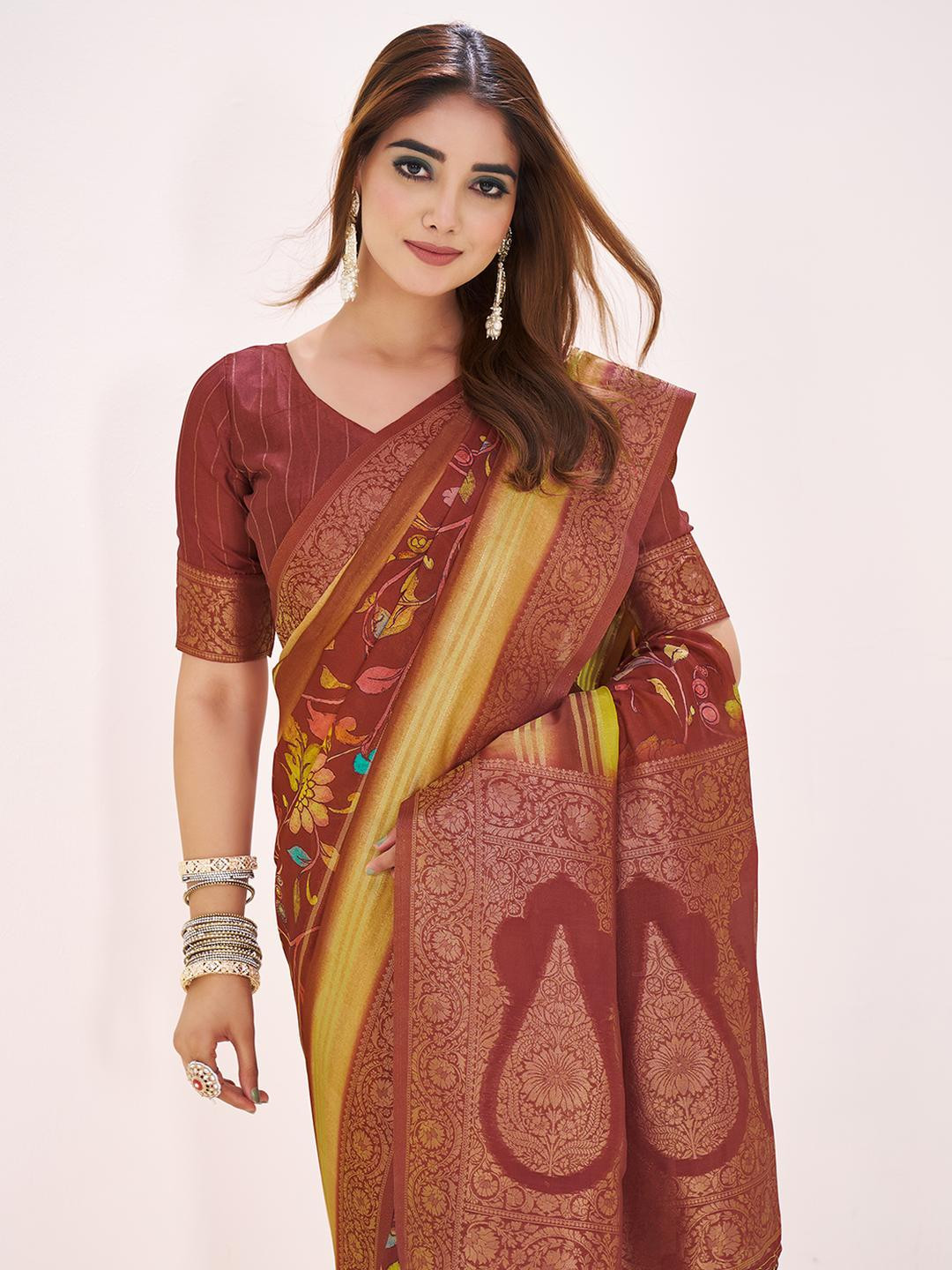 Tasrika Red Silk Blend Striped Floral Digital Printed Saree With Woven Saree