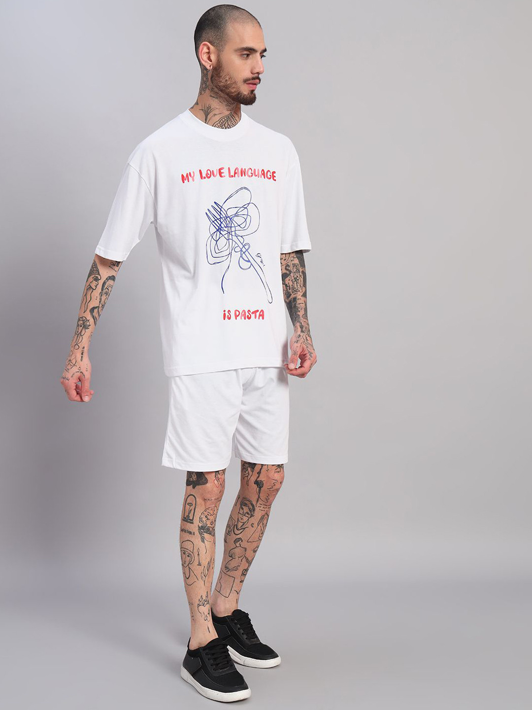GRIFFEL Men My Love Language Is Pasta Graphic Printed Oversized T-Shirt & Shorts Set