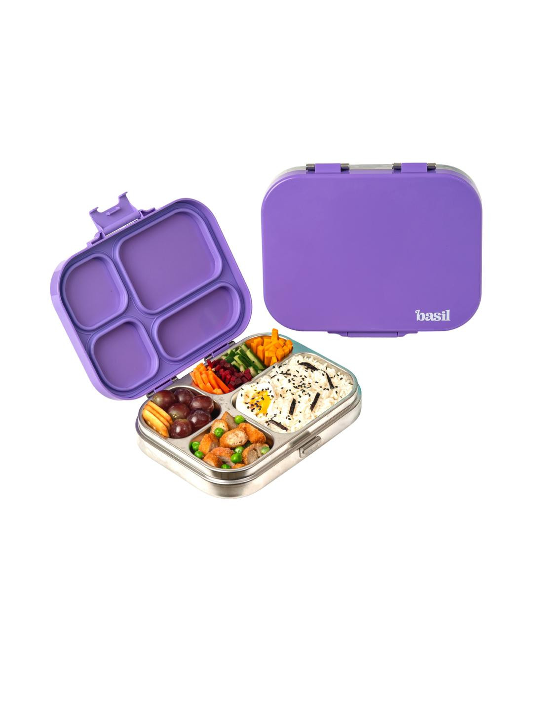Basil Stainless Steel 4 Compartment Bento Lunch Box with BPA-Free Plastic Lid, 800ml
