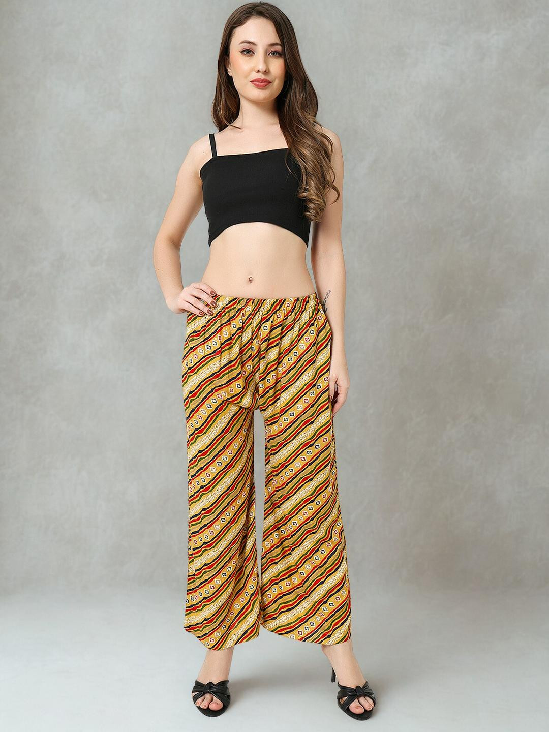 Mytrendzs Women Green & Multicolor Striped Ethnic Printed Rayon Palazzo